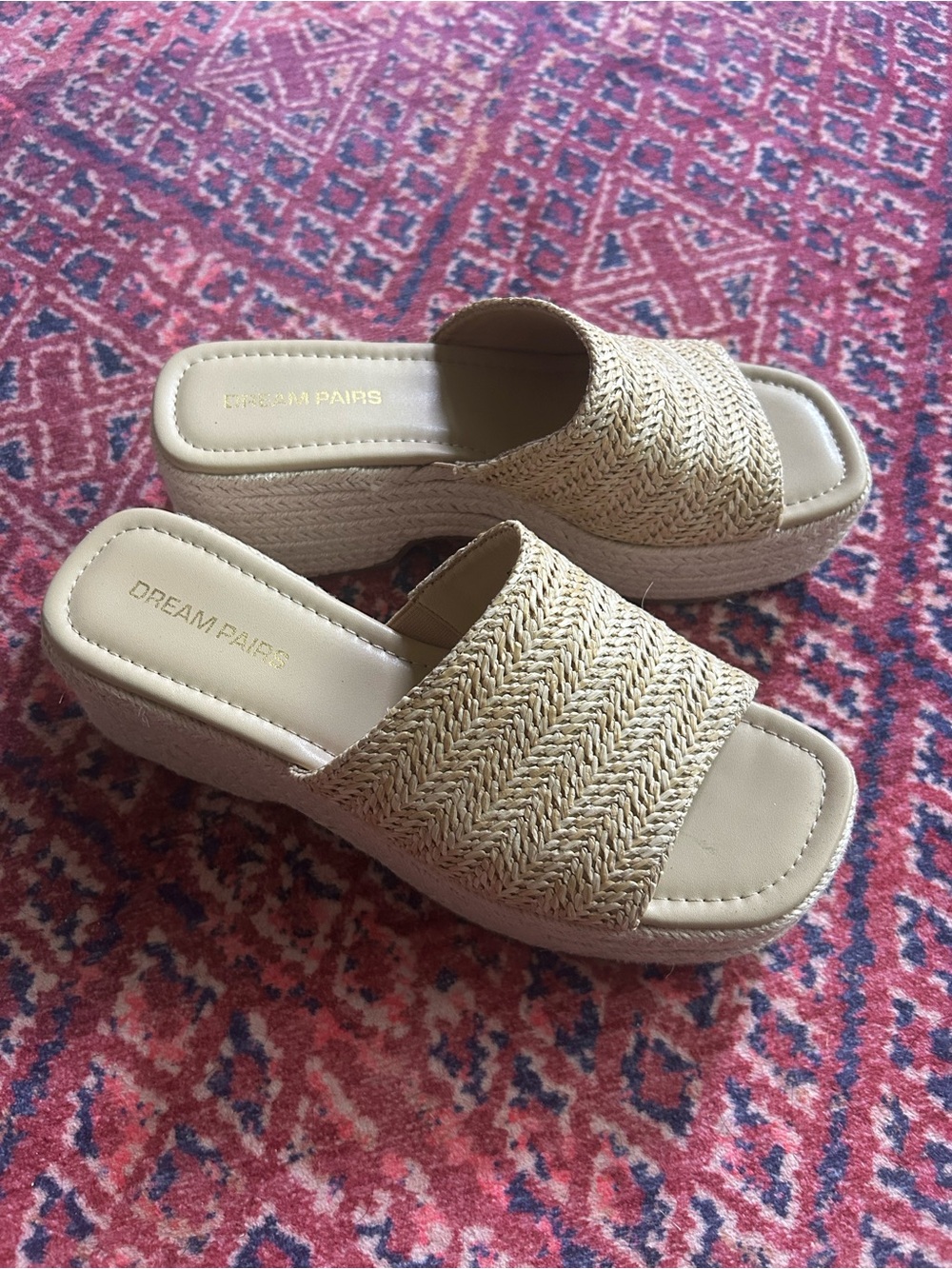Dream Pairs Neutral Beige Woven Platform Wedge Slides